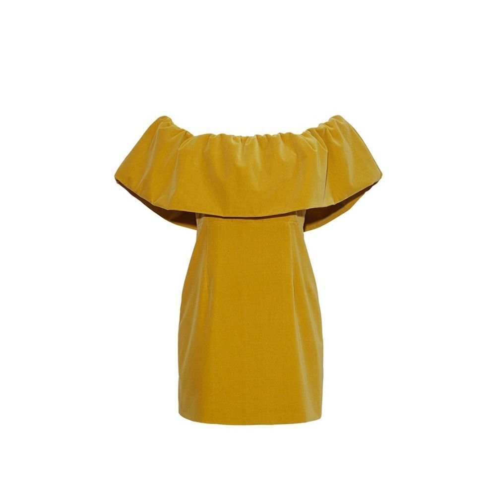 🆕️ Cara Cara Vera Off The Shoulder Velvet Bubble Mini Dress in Golden Yellow